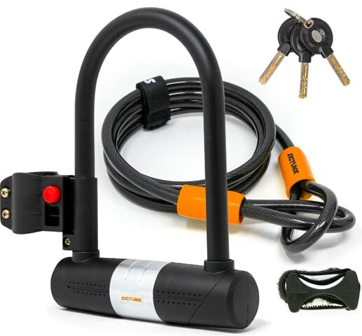 SIGTUNA bike lock combo with U-lock and flex cable, extra screws, keys, and strap.