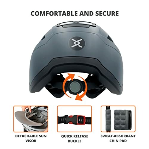 Bike helmet with detachable visor, quick release buckle, and sweat-absorbent chin pad.