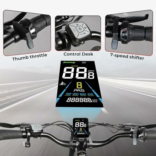 E-bike handlebar with display, thumb throttle, control desk, and 7-speed shifter.
