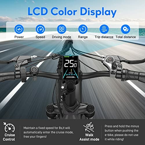 LCD display on an e-bike showing speed and other metrics.