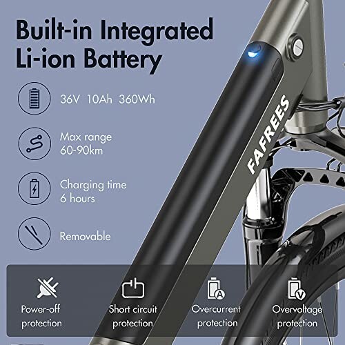Electric bike with built-in integrated Li-ion battery specifications.