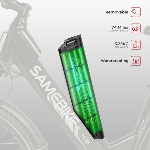 Electric bike battery with specifications including removable, 74 miles autonomy, 3.25 kg weight, and waterproofing