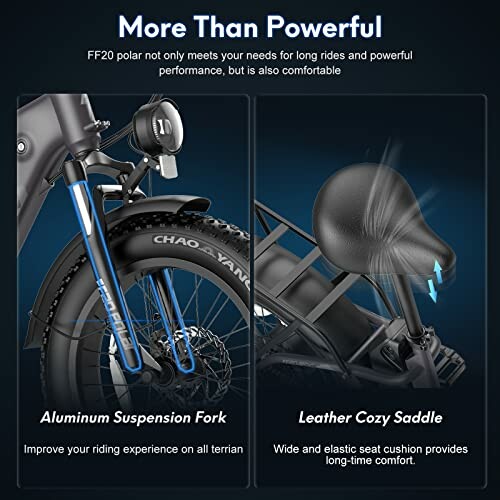 Electric bike with aluminum suspension fork and leather cozy saddle.