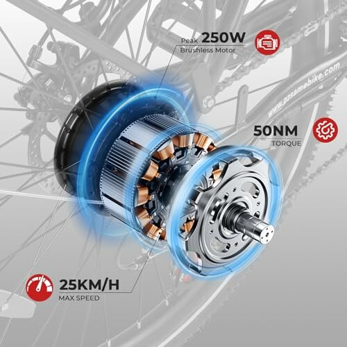 Electric bike motor with specifications highlighted.
