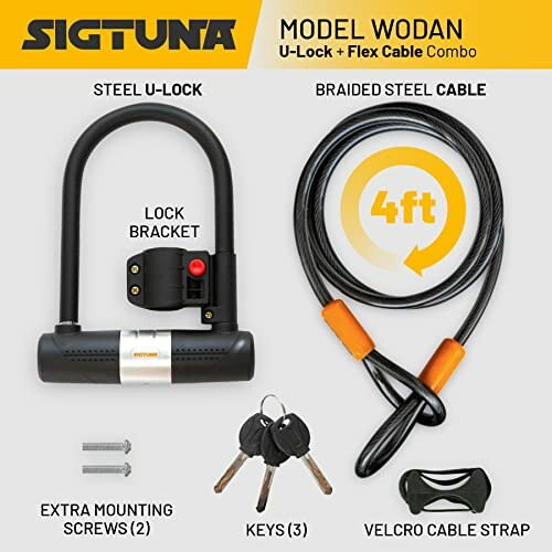 Sigtuna bike lock combo with U-lock and flex cable, extra screws, keys, and strap.